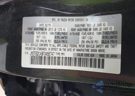 2015 Mazda Cx-9 Touring from USA, damaged, VIN JM3TB2CA9F0456747